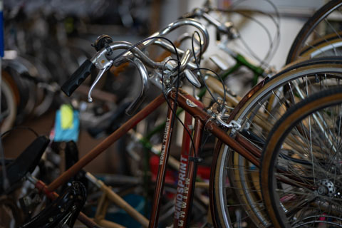 Stack of bicycles.